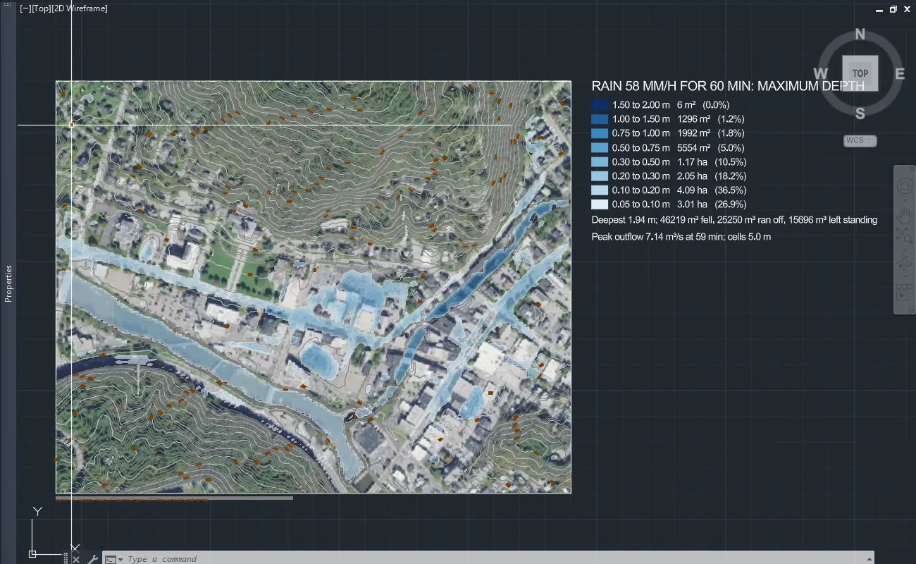 Flood depths over the aerial photo of downtown Montpelier, drawn in AutoCAD